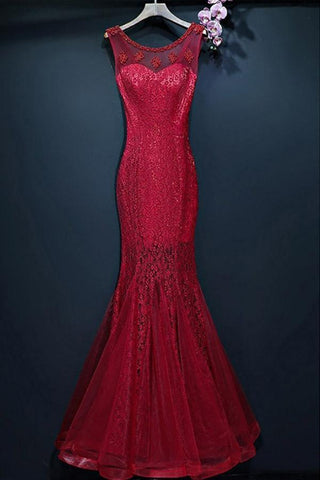 Mermaid Burgundy Long Prom Dress With Lace Sleeveless  PG690
