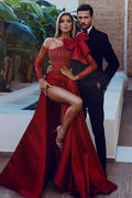 Vestido de Fiesta Largo de Sirena con Lazo y Lentejuelas en Manga Larga Color Borgoña y Abertura