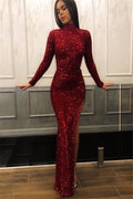 Vestido de Gala Largo de Manga Larga con Escote Alto y Abertura, Tipo Sirena, de Lentejuelas, Color Borgoña