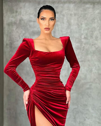 Burgundy Long Sleeves Mermaid Velvet Evening Formal Dress