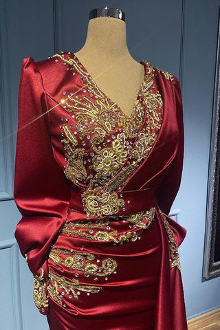 Burgundy Long Sleeves Ruffles Satin Mermaid Evening Dress with Beads