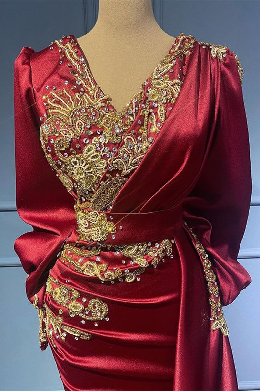 Burgundy Long Sleeves Ruffles Satin Mermaid Evening Dress with Beads
