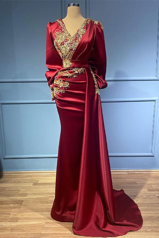 Burgundy Long Sleeves Ruffles Satin Mermaid Evening Dress with Beads