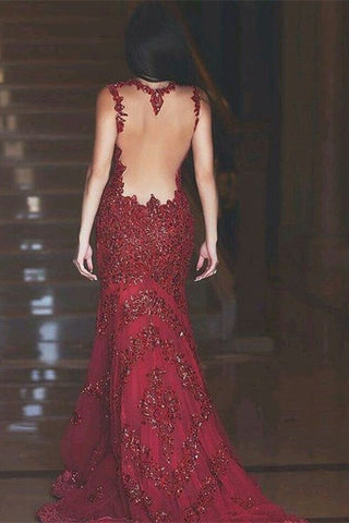 Burgundy Mermaid Long V-neck Open Back Evening Dress with Lace Appliques