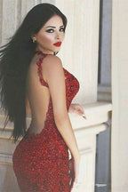 Burgundy Mermaid Long V-neck Open Back Evening Dress with Lace Appliques