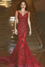 Burgundy Mermaid Long V-neck Open Back Evening Dress with Lace Appliques