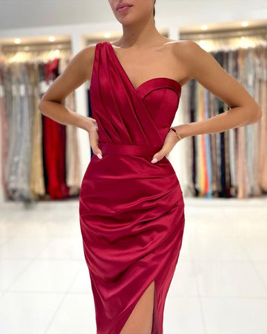 Burgundy One Shoulder Short Mermaid Satin Prom Dress with Slit