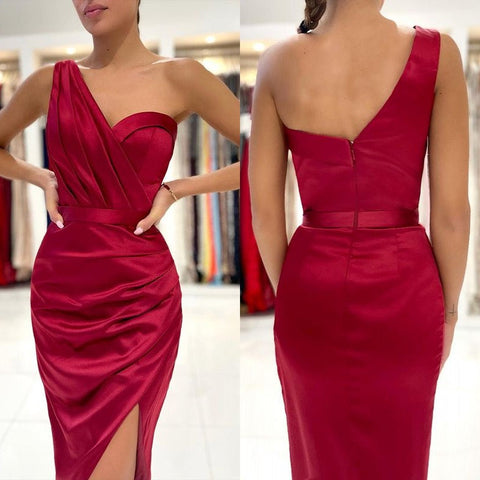 Burgundy One Shoulder Short Mermaid Satin Prom Dress with Slit