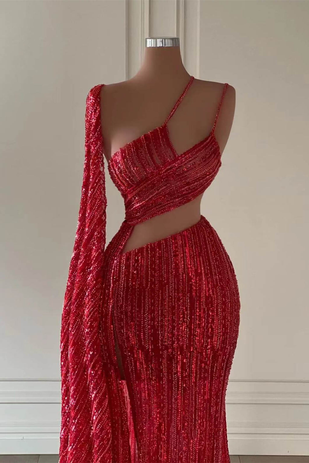 Burgundy Sequined Long Ruffles Mermaid Prom Dress with Split