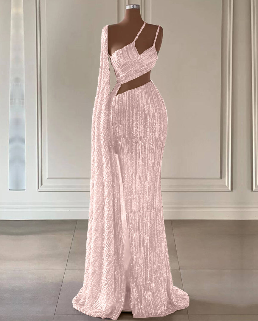 Burgundy Sequined Long Ruffles Mermaid Prom Dress with Split