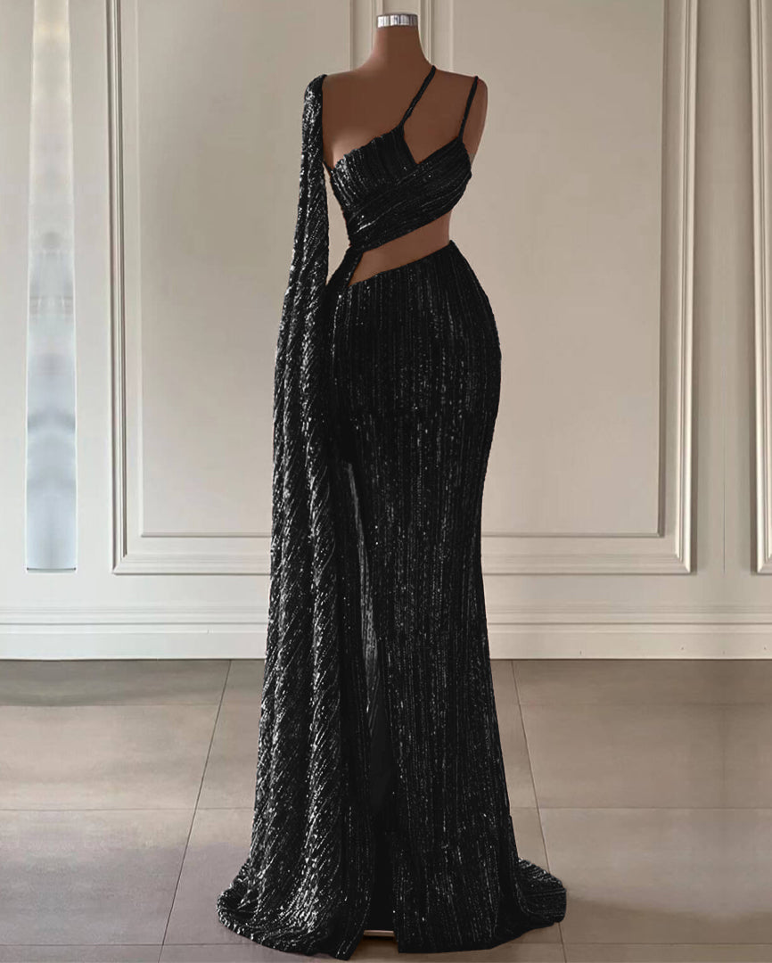 Burgundy Sequined Long Ruffles Mermaid Prom Dress with Split