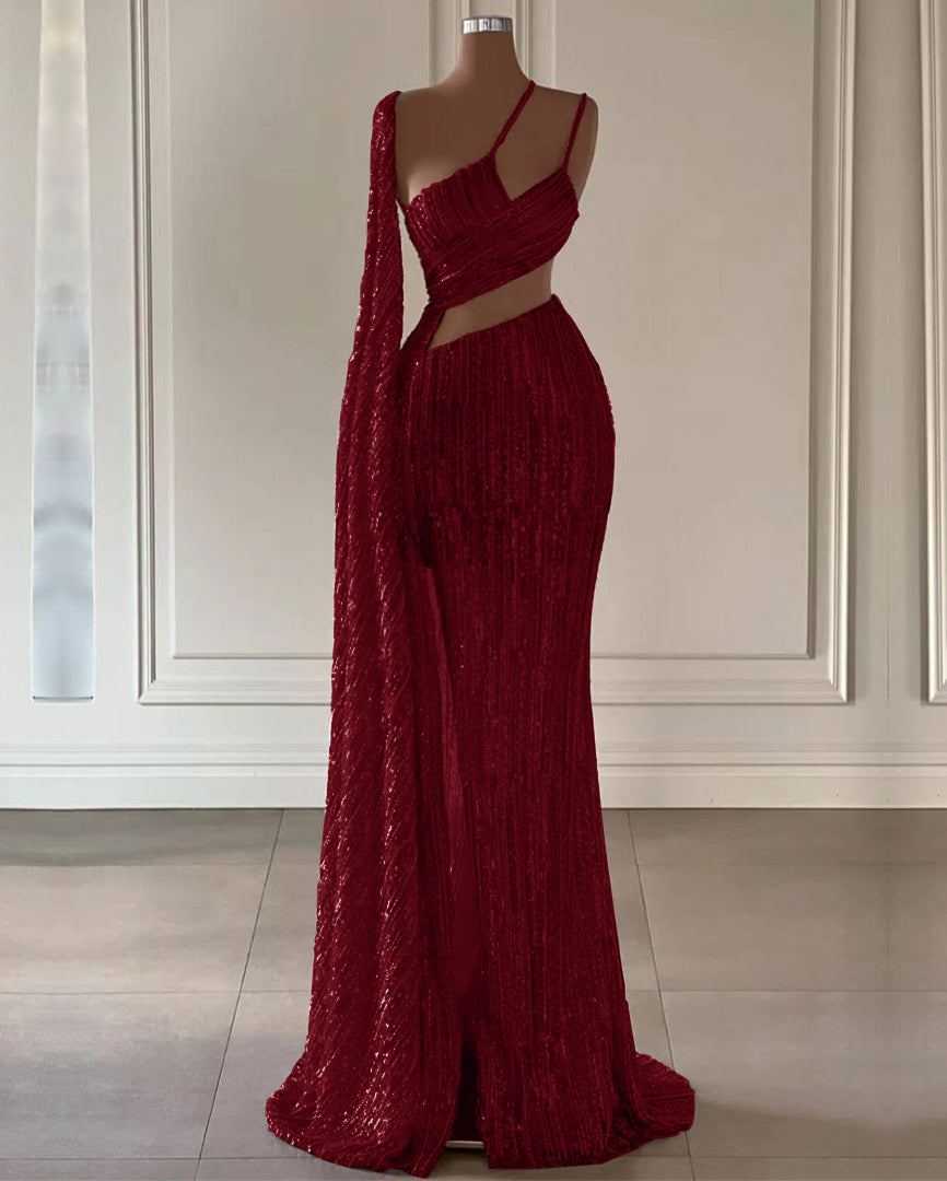 Burgundy Sequined Long Ruffles Mermaid Prom Dress with Split