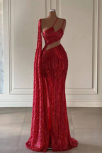 Burgundy Sequined Long Ruffles Mermaid Prom Dress with Split