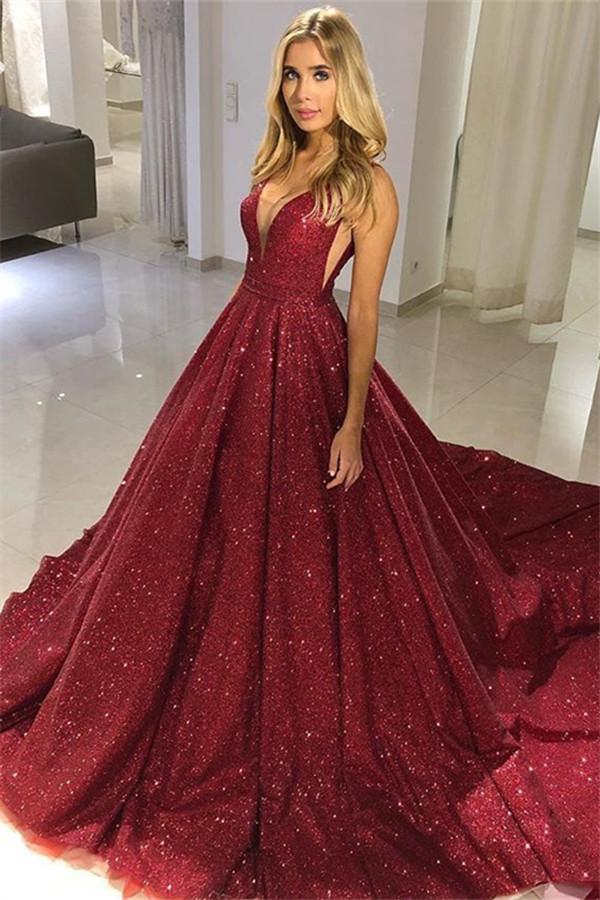 Burgundy Sequins Long A-line V-neck Sleeveless Evening Dress