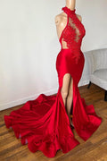 Vestido de Fiesta Largo Rojo Halter sin Mangas con Aplicaciones de Encaje y Abertura Frontal