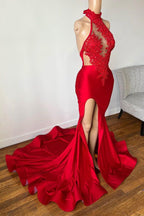 Red Long Mermaid Sleeveless Appliques Lace Halter Prom Dress with Front Slit