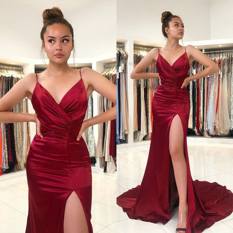 Burgundy Long Mermaid Spaghetti Strap Satin Formal Prom Dress with Slit