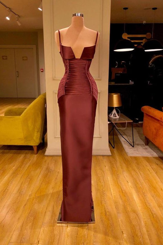 Burgundy Spaghetti Straps V-Neck Long Satin Mermaid Prom Dress