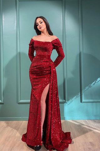 Burgundy Long Off the Shoulder Sequin Split Mermaid Prom Dress with Detachable Ruffles