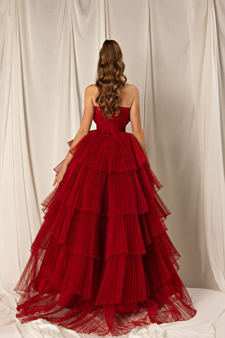 Burgundy Long A-line Tulle Strapless Mermaid Evening Dress with Layers