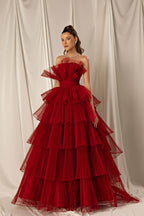 Vestido de noite comprido, estilo sereia, em tule, sem alças, em corte A, cor bordeaux, com camadas