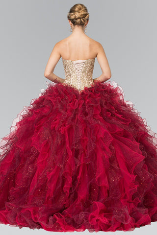 Burgunderrotes trägerloses Ballkleid mit Rüschen von Elizabeth K GL2211