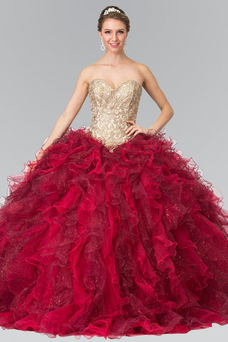 Burgunderrotes trägerloses Ballkleid mit Rüschen von Elizabeth K GL2211
