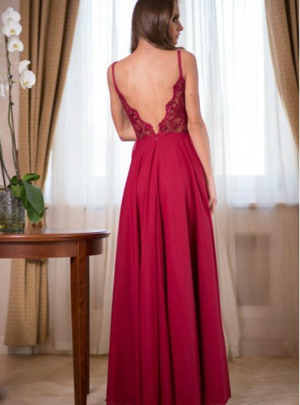 Vestido de festa/formal comprido em chiffon com alças cor de vinho e racha lateral PM225