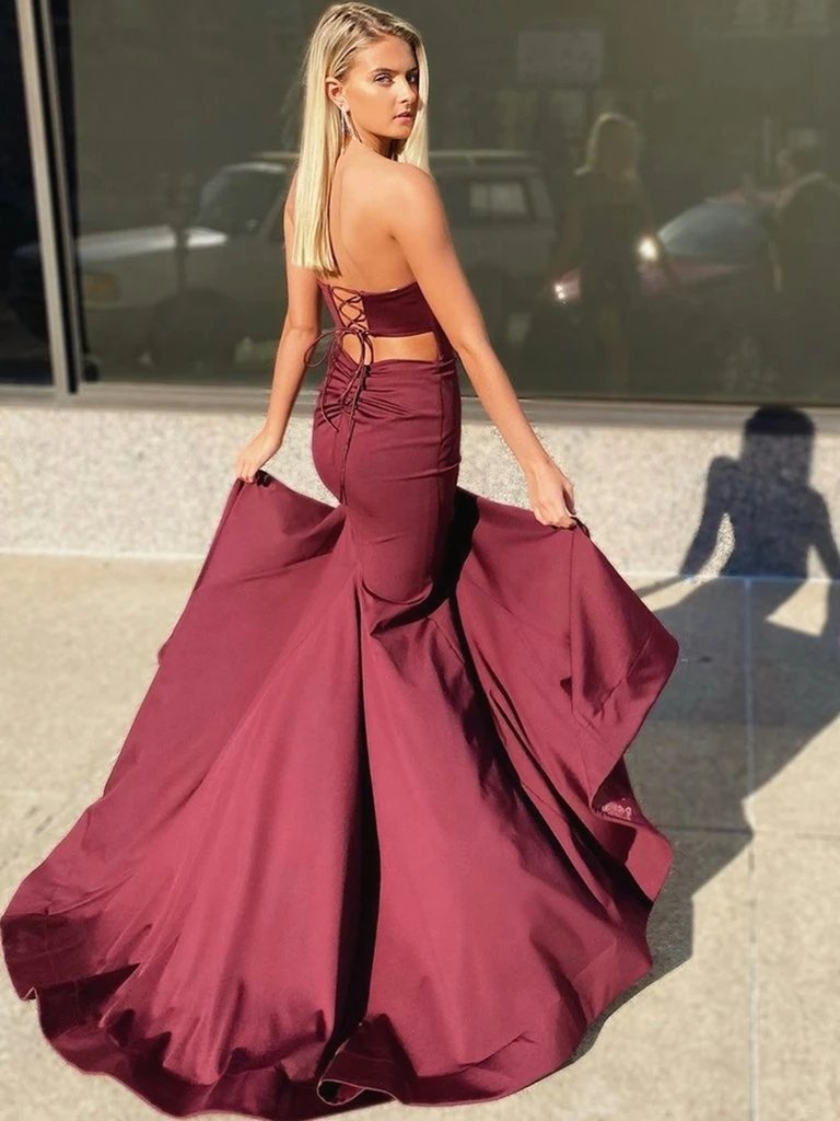 Burgundy Long Satin Sweetheart Mermaid Prom Dress with Slit