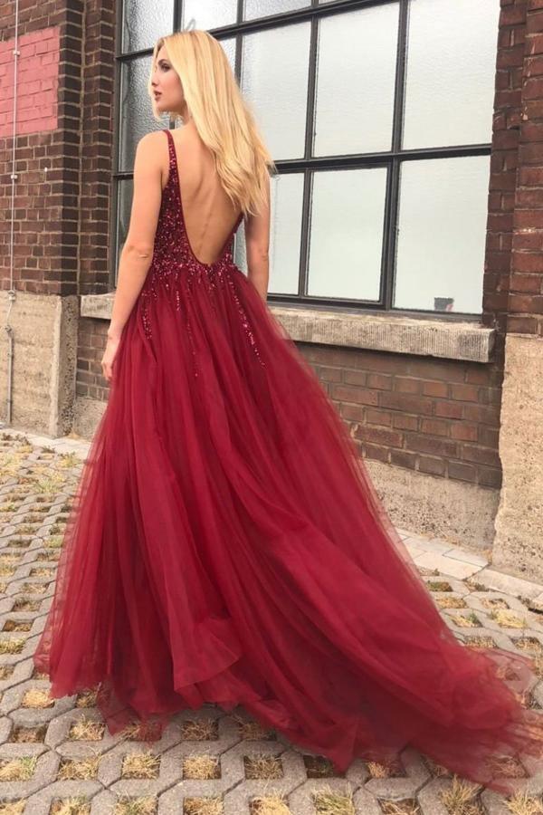 A-line V-neck Open Back Burgundy Prom Dress with Beading PG976