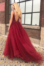 A-line V-neck Open Back Burgundy Prom Dress with Beading PG976