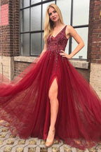 A-line V-neck Open Back Burgundy Prom Dress with Beading PG976