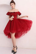 Abito da ballo corto in tulle bordeaux con spalle scoperte Abito da homecoming bordeaux PD220