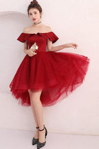 Burgundy Tulle Off Shoulder Short Prom Dress Burgundy Homecoming Dress PD220