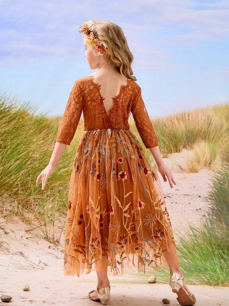 NumberSea - Burnt Orange Lace Tulle Embroidered Ankle Length Flower Girl Dress