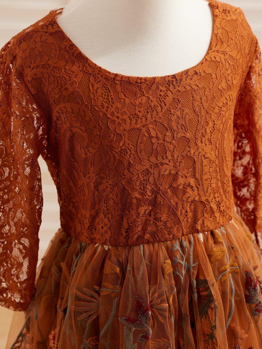NumberSea - Burnt Orange Lace Tulle Embroidered Ankle Length Flower Girl Dress