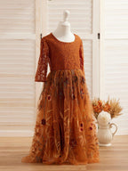 NumberSea - Burnt Orange Lace Tulle Embroidered Ankle Length Flower Girl Dress