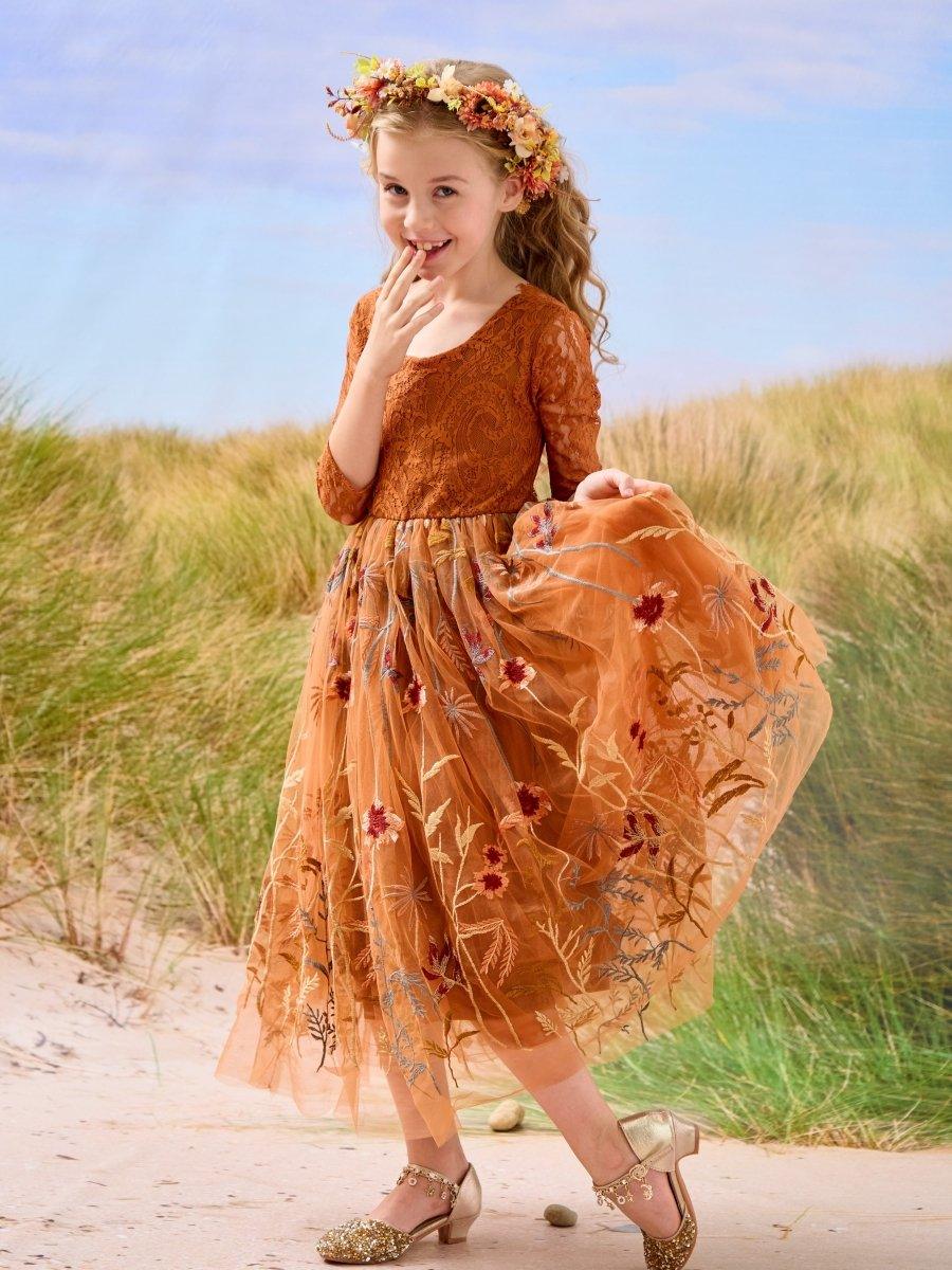 NumberSea - Burnt Orange Lace Tulle Embroidered Ankle Length Flower Girl Dress