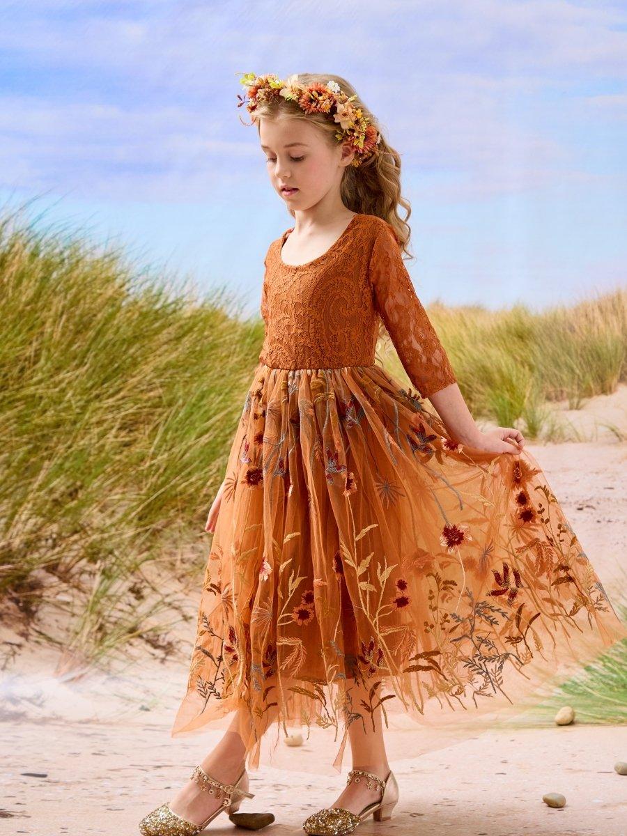 NumberSea - Burnt Orange Lace Tulle Embroidered Ankle Length Flower Girl Dress
