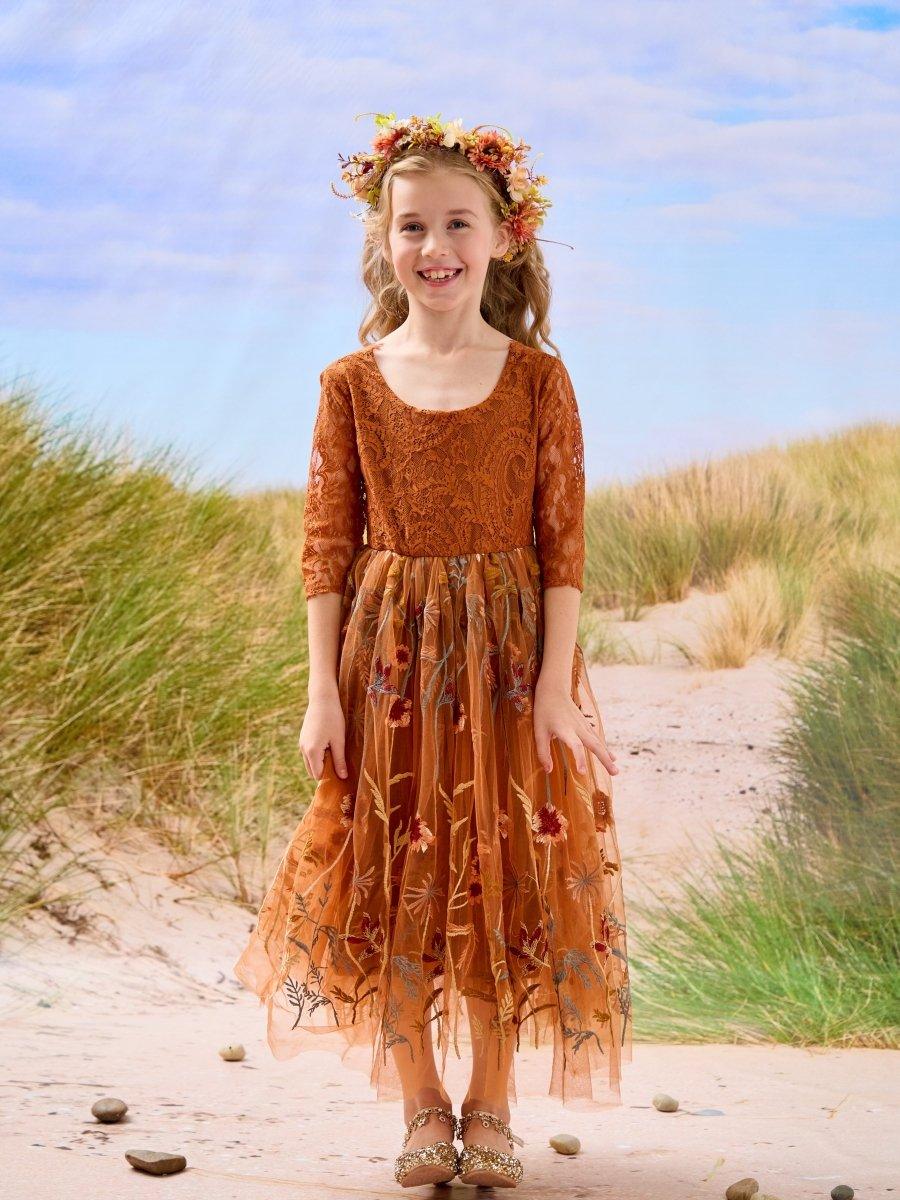 NumberSea - Burnt Orange Lace Tulle Embroidered Ankle Length Flower Girl Dress