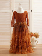 NumberSea - Burnt Orange Lace Tulle Embroidered Ankle Length Flower Girl Dress
