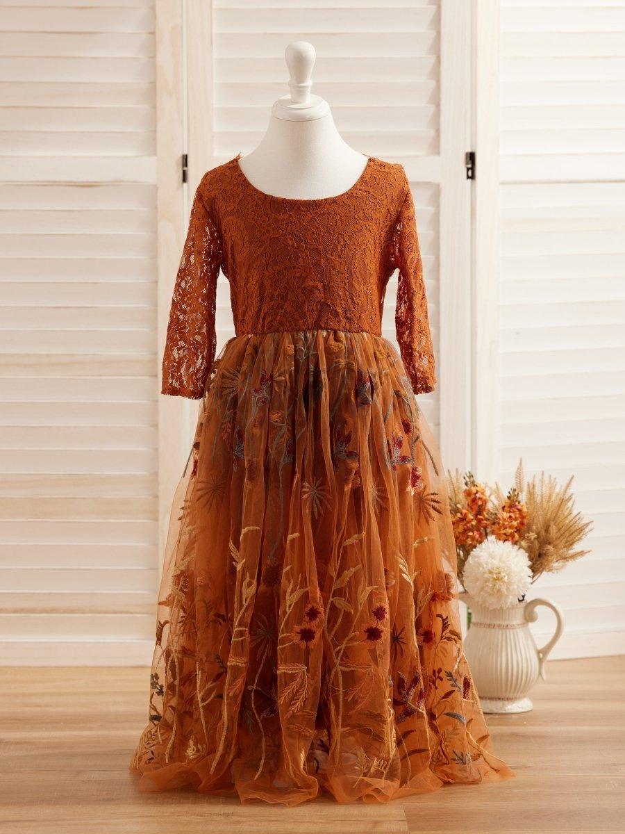 NumberSea - Burnt Orange Lace Tulle Embroidered Ankle Length Flower Girl Dress