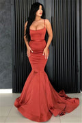 Vestido de Fiesta Largo Color Naranja Quemado Sin Tirantes y Espalda Descubierta de Sirena en Satén
