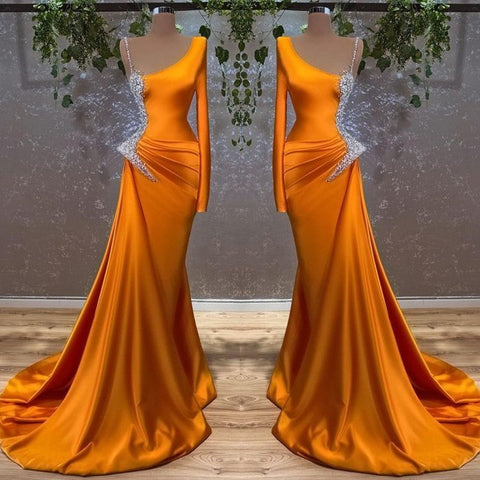 Burnt Orange Long Sleeves Mermaid Satin Prom Dress with Beads