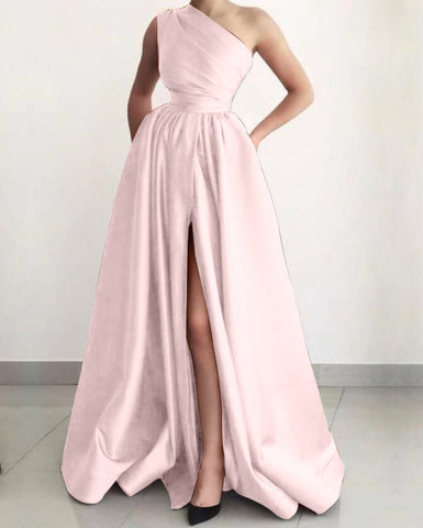 Elegant Burgundy Long A-line One Shoulder Split Satin Evening Dresses with Pockets