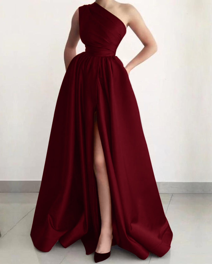 Elegant Burgundy Long A-line One Shoulder Split Satin Evening Dresses with Pockets