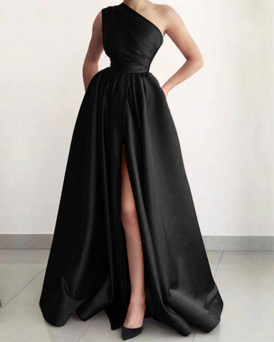 Elegant Burgundy Long A-line One Shoulder Split Satin Evening Dresses with Pockets
