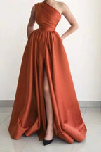 Elegant Burgundy Long A-line One Shoulder Split Satin Evening Dresses with Pockets