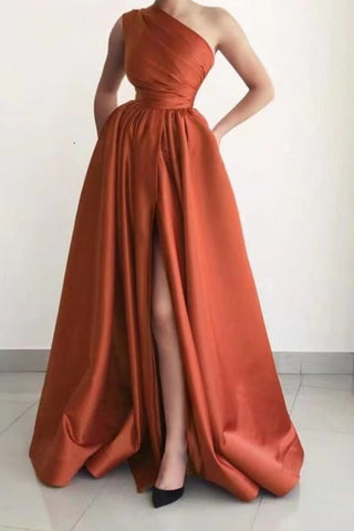 Elegant Burgundy Long A-line One Shoulder Split Satin Evening Dresses with Pockets