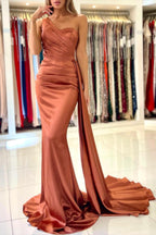 Long One Shoulder Sleeveless Mermaid Satin Formal Prom Dress with Ruffles